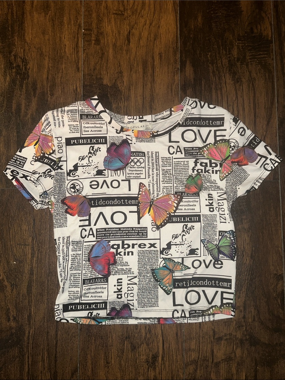 White Butterfly Print Crop Top